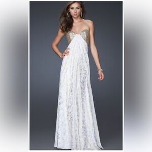 La Femme 15991 White Gold Sequin Print Goddess Maxi Dress